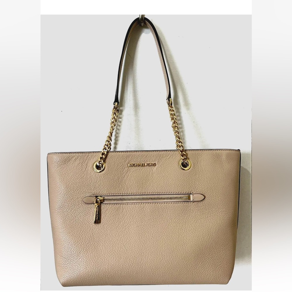 New Michael Kors Jet Set Medium Front Zip Chain Tote Pebble Leather Buff